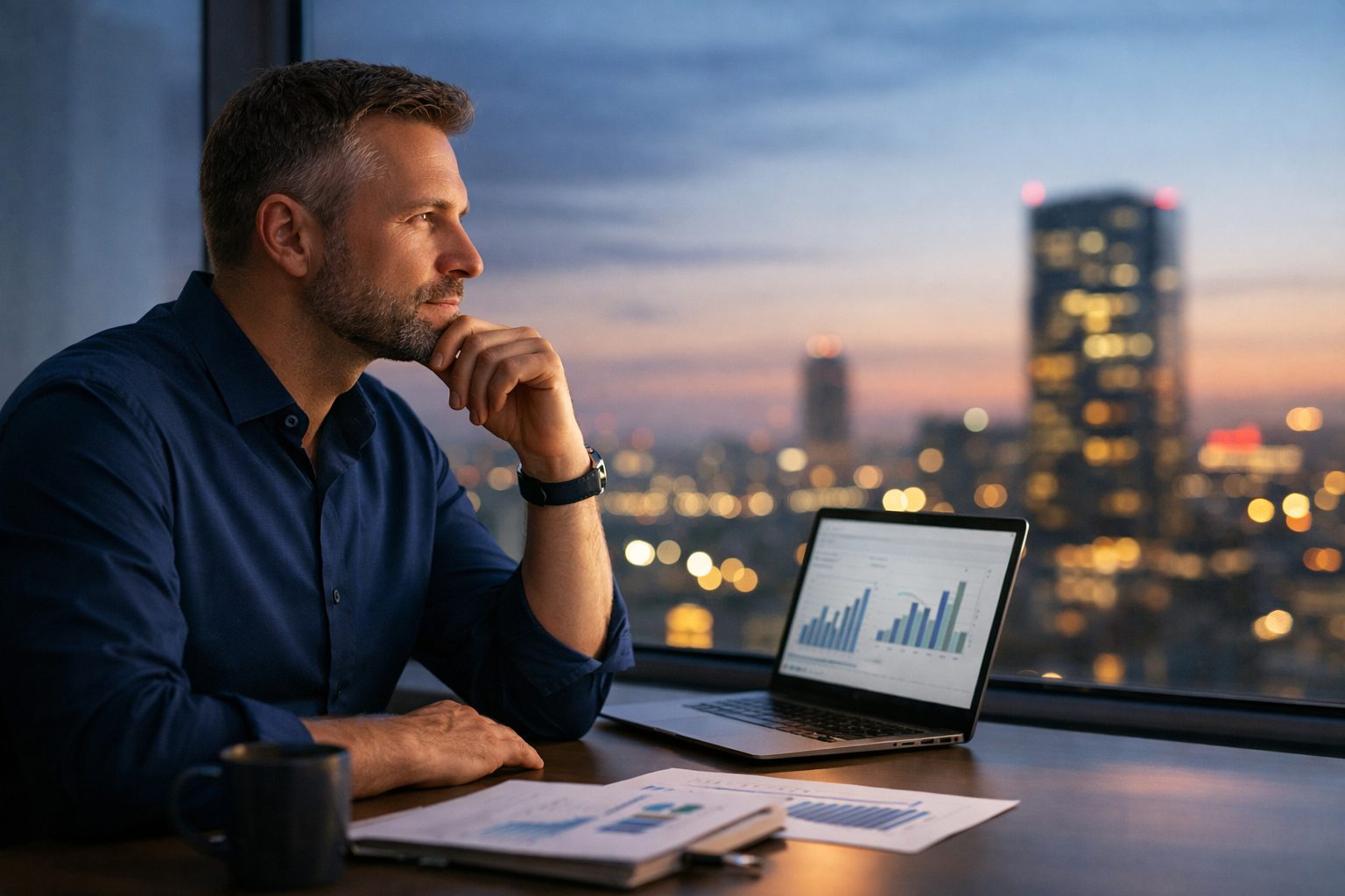 Yrittäjä toimistolla tarkastelemassa yrityksen talouslukuja ja tekemässä pitkän aikavälin päätöksiä